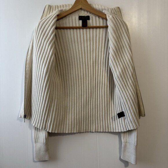 Vintage 90s Ralph Lauren Sweater Womens Sz L Full Zip Off White Mock Neck Ribbed - Picture 3 of 15